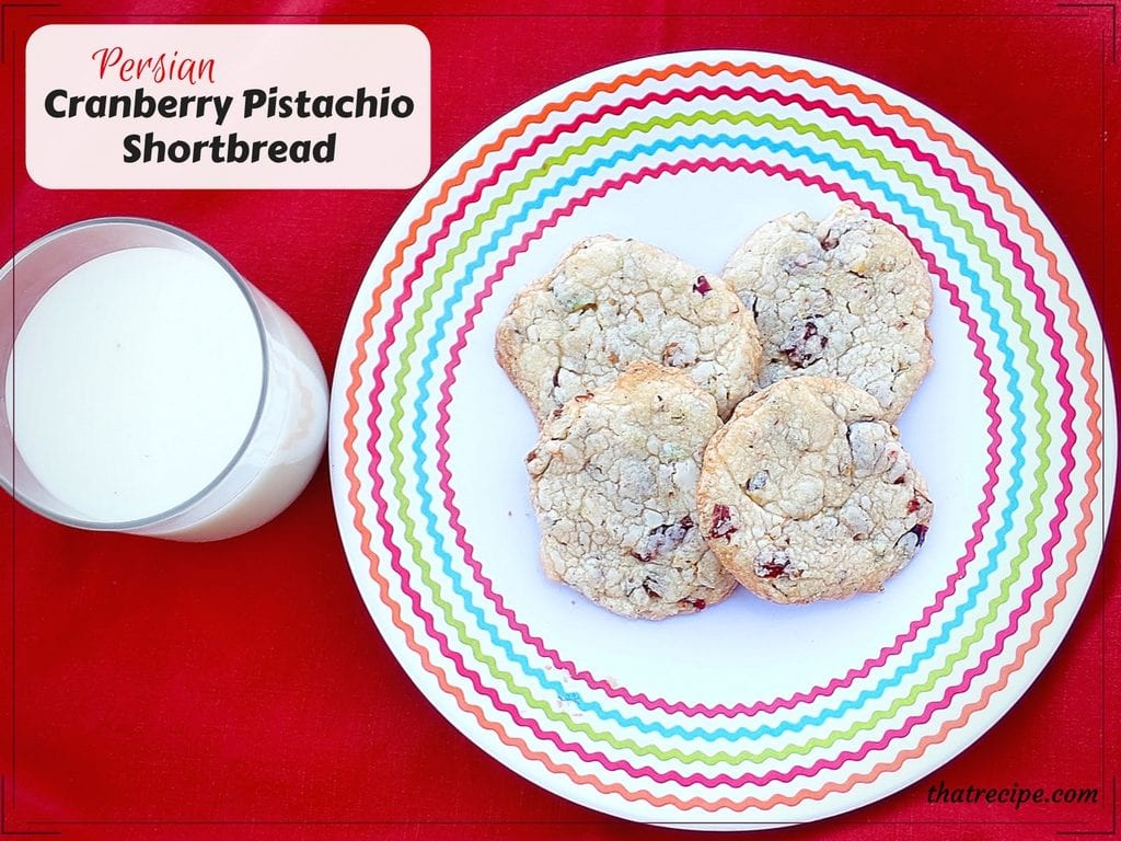 Persian Cranberry Pistachio Shortbread: crunchy buttery cookies studded with dried cranberries and chopped pistachio nuts.