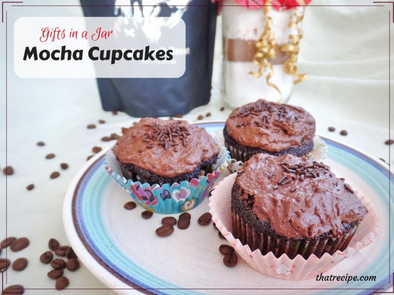 Gifts in a Jar: Mocha Cupcakes. Homemade chocolate cake mix recipe made with coffee make delicious moist mocha cake.