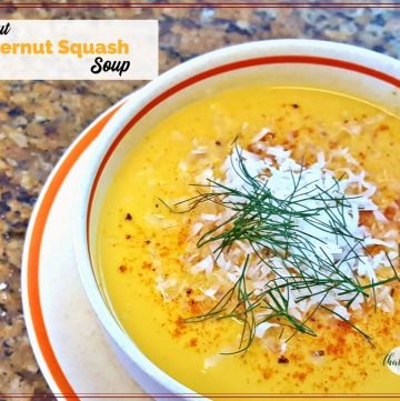 top down view of a bowl of butternut squash soup with text overlay "coconut butternut squash soup"