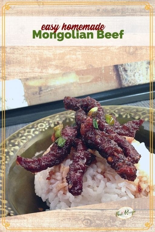 mongolian beef on rice with text overlay "easy homemade Mongolian beef"