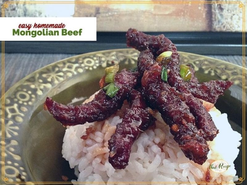 mongolian beef on rice with text overlay "easy homemade Mongolian beef"