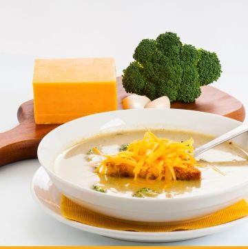 cheddar broccoli soup in a bowl