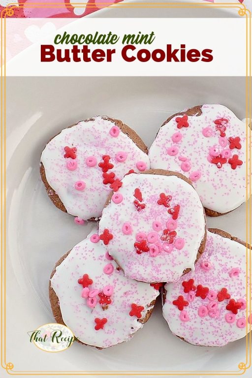 top down view of frosted cookies on a plate with text overlay "chocolate mint butter cookies"