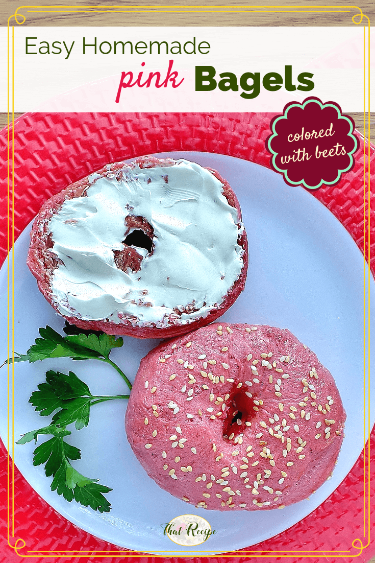 homemade bagel on a plate with schmear of cream cheese with text overlay "easy homemade pink bagels colored with beets"