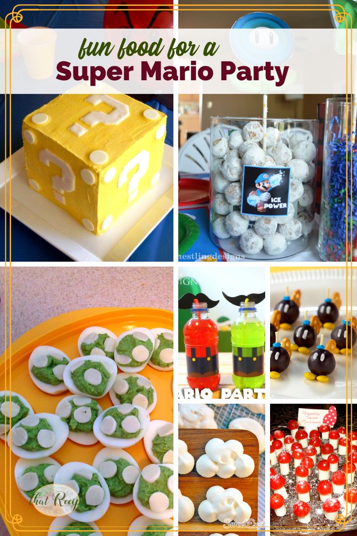 collage of Super Mario themed food ideas for a party