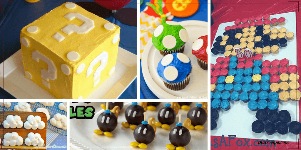 collage of Super Mario themed desserts