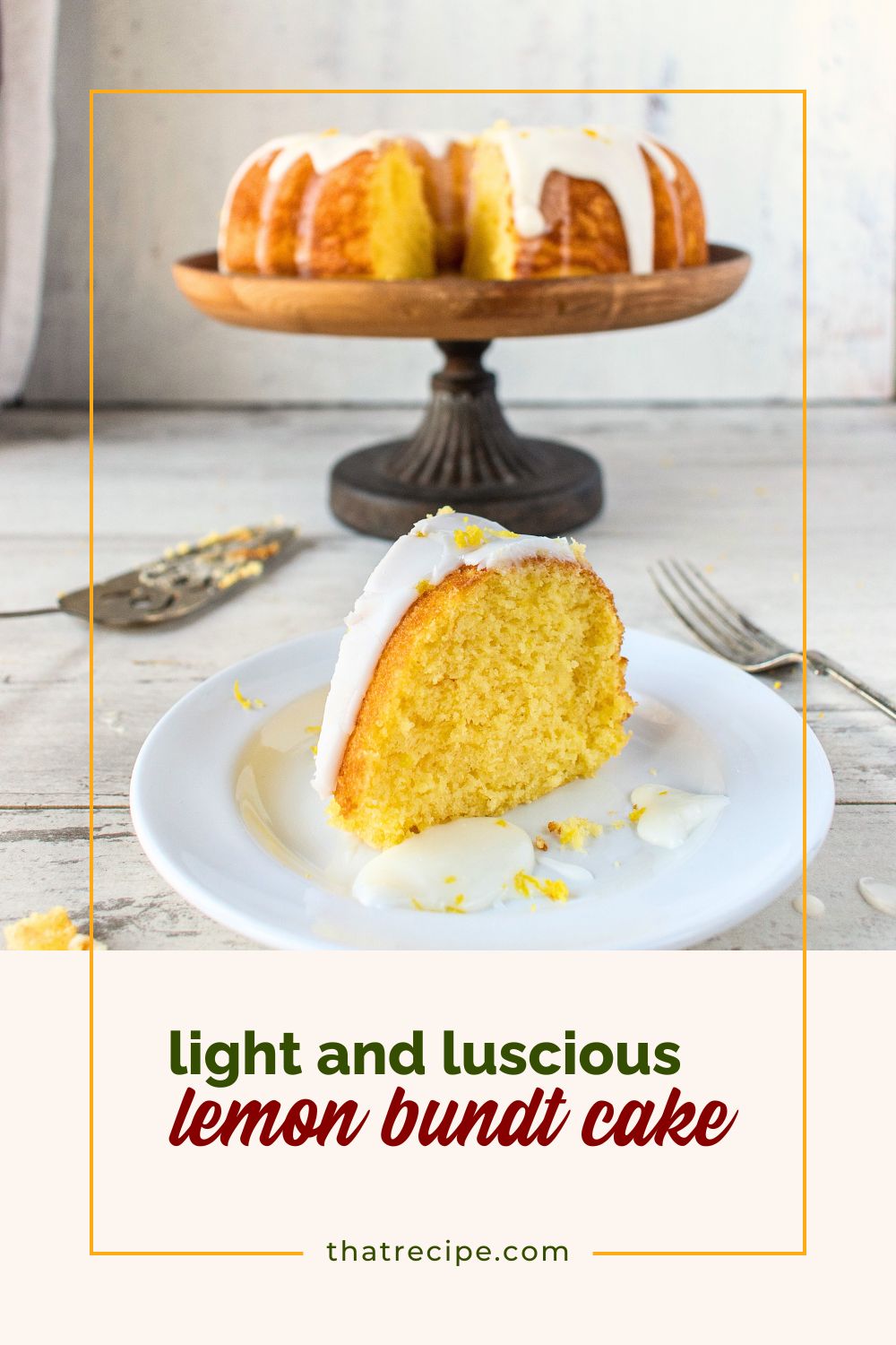 slice of Bundt cake on a plate with text overlay "lusciously light lemon Bundt cake"