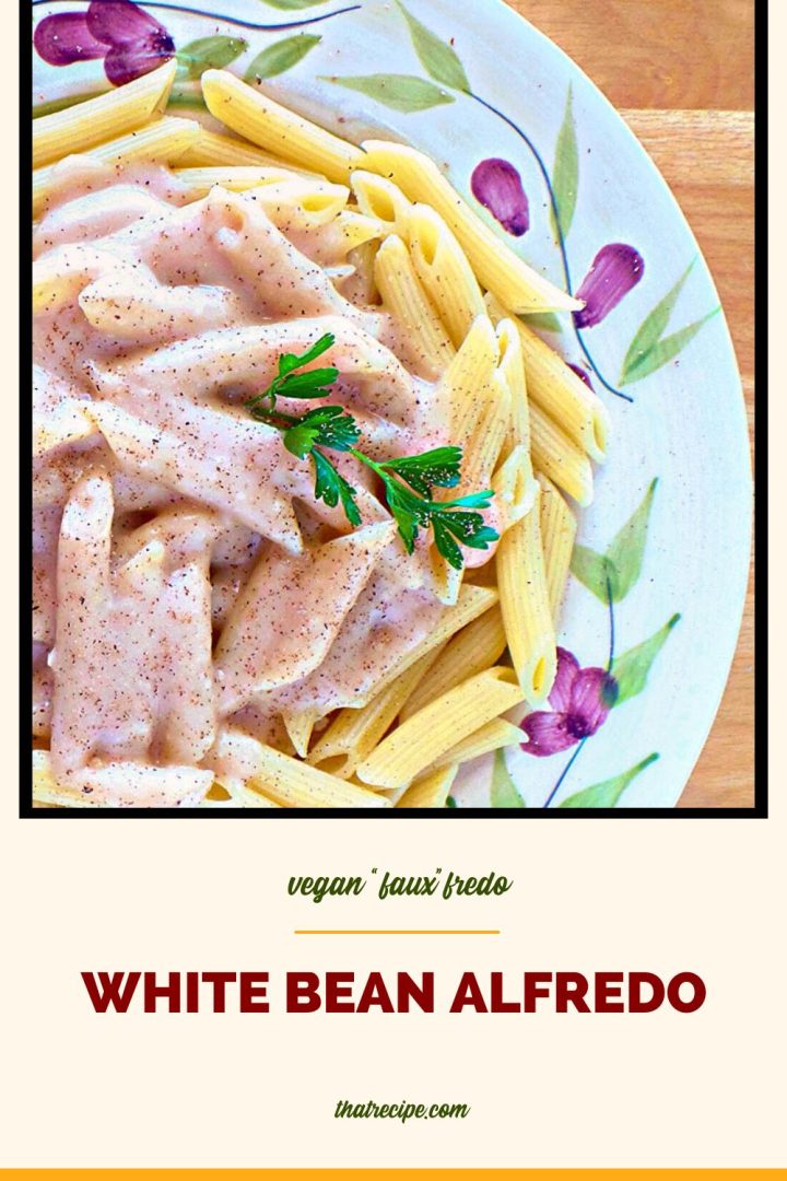 Top down view of penne pasta and alfredo sauce