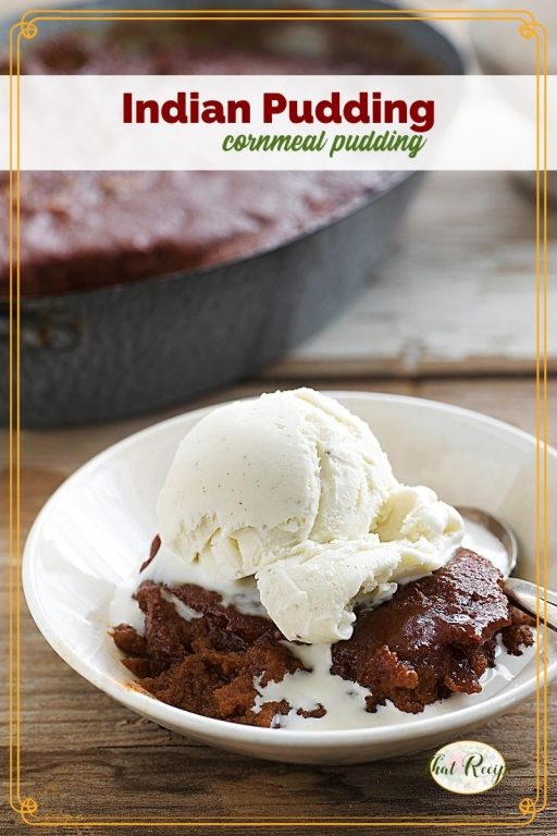 pudding in a black dish with text overlay "Indian Pudding cornmeal pudding"