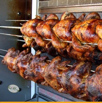 rotisserie chickens on a spit