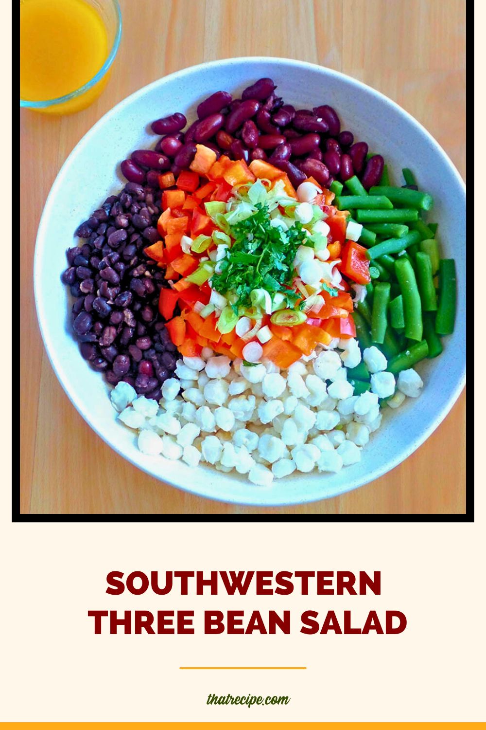 top down view of southwestern three bean salad with chipotle lime dressing