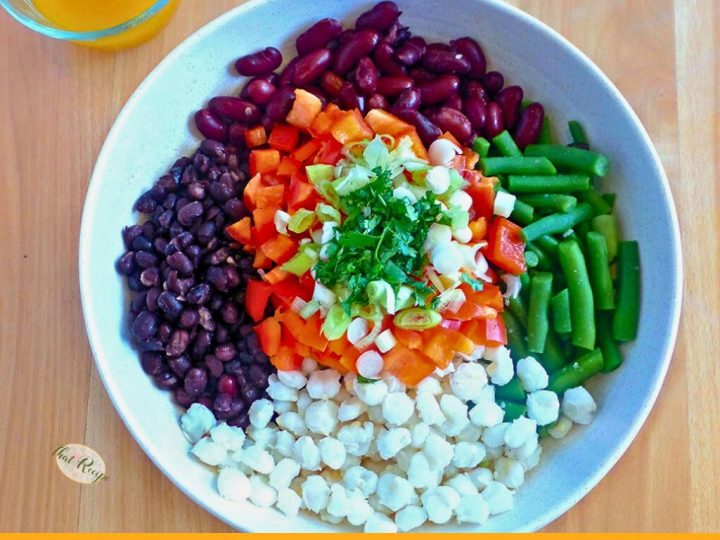 top down view of southwestern three bean salad with chipotle lime dressing