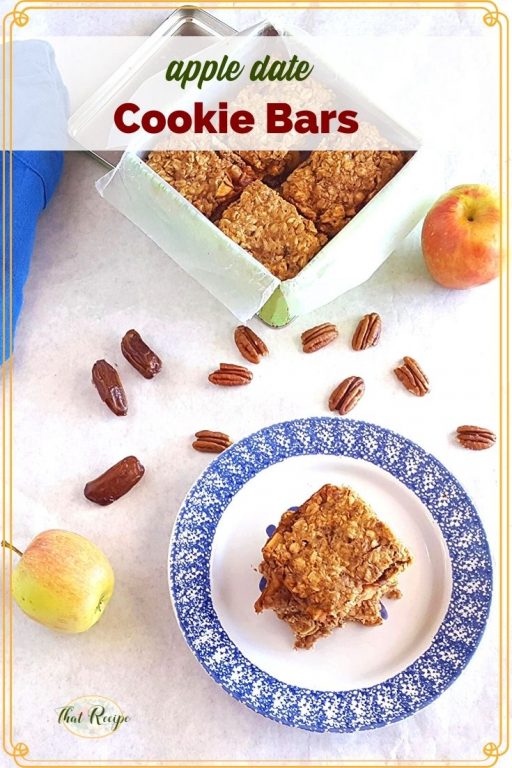 oatmeal bars on a plate with text overlay "apple date cookie bars"