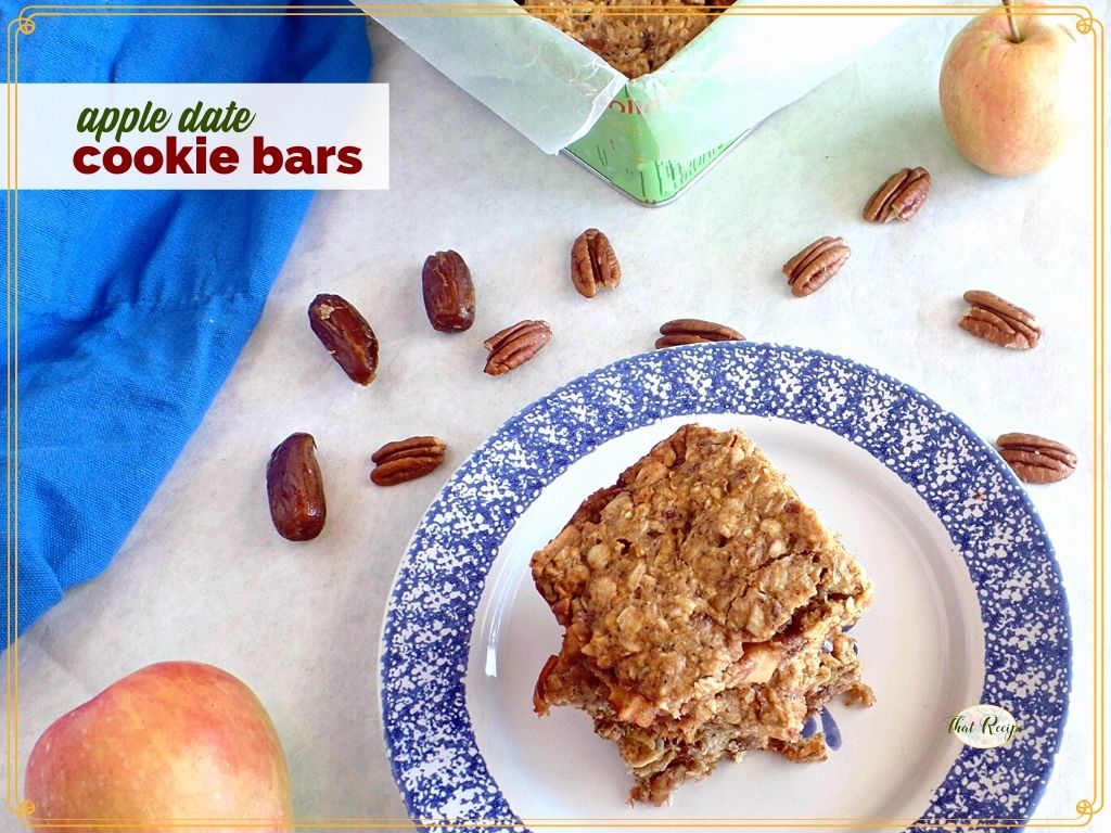 oatmeal bars on a plate with text overlay "apple date cookie bars"