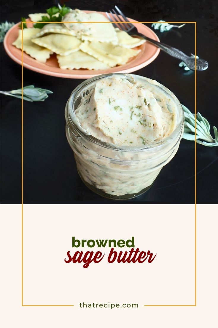 browned sage butter in a jar with a plate of pasta in background