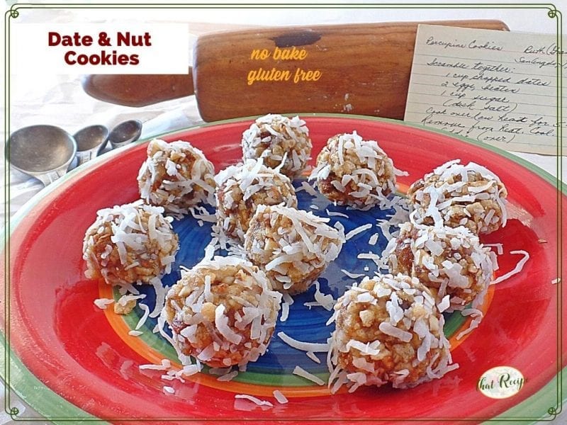 close up view of cookies on a plate with text overlay "No Bake Date and Nut Cookies"