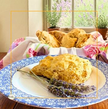 scone on a plate with fresh lavender blossoms