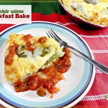 chile relleno casserole on a plate with text overlay "chile relleno breakfast bake"
