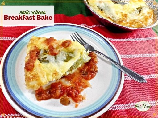 chile relleno casserole on a plate with text overlay "chile relleno breakfast bake"