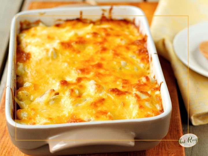 top down view of cheesy casserole