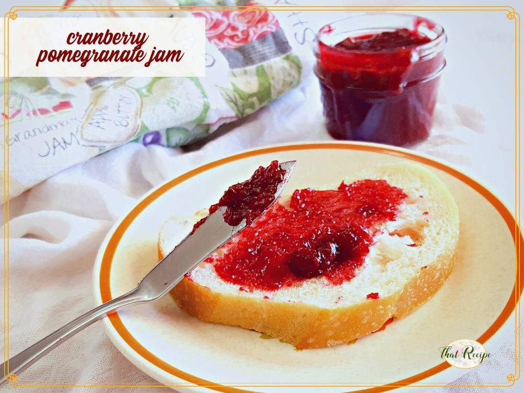 jam on toast with text overlay cranberry pomegranate jam"