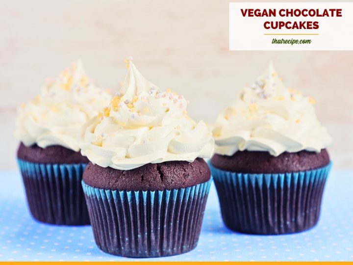 chocolate cupcake with vanilla icing and sprinkles and text overlay vegan gluten free chocolate cupcakes