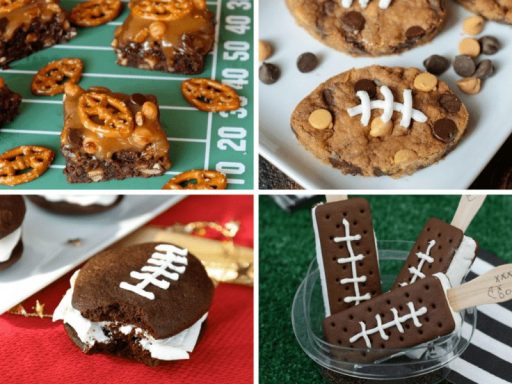 collage of football shaped desserts