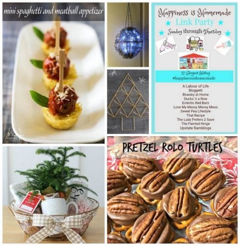 Happiness is Homemade features: pretzel turtles, spaghetti appetizers, Christmas decorations, winter gift basket ideas