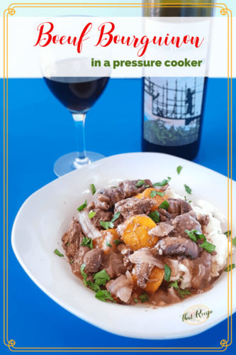 plate of beef burgundy. wine glass and bottle with text overlay