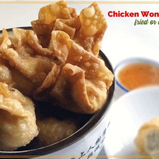 chicken wontons in a bowl with sauce and text overlay