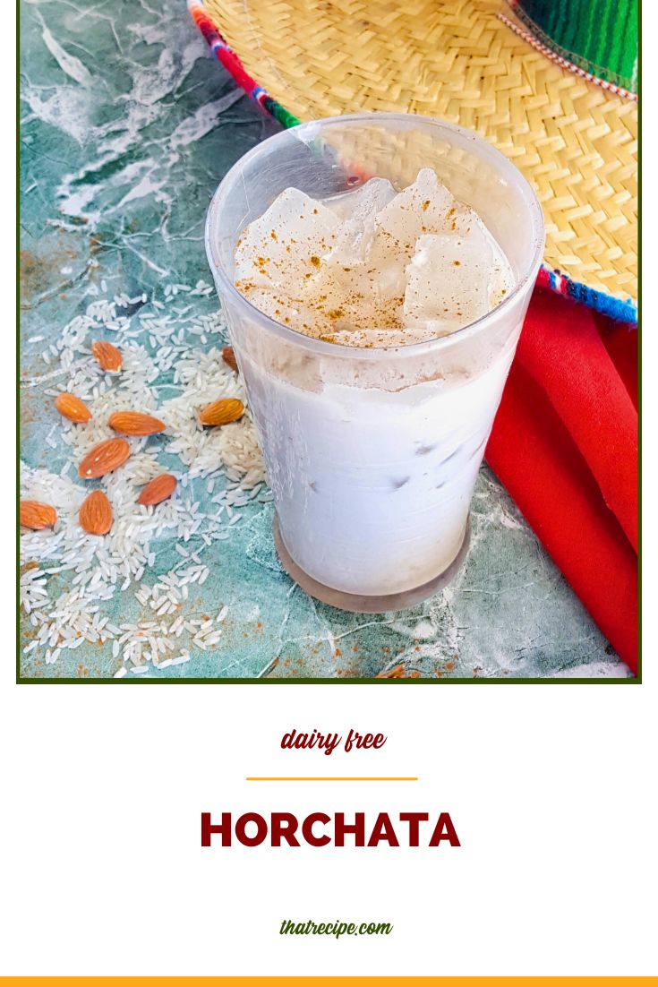 glass of iced horchata with text overlay "dairy free horchata"