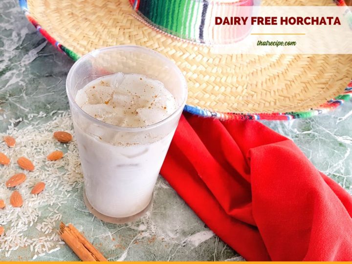 glass of iced horchata with text overlay "dairy free horchata"