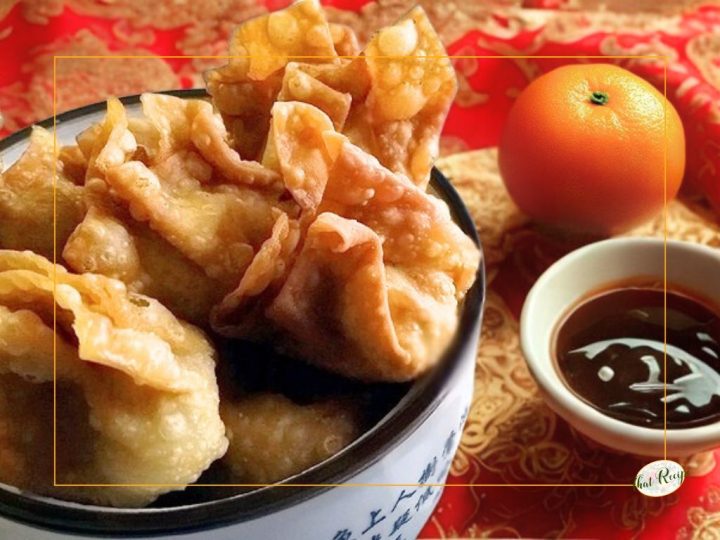 chicken wonton in a bowl with dipping sauce