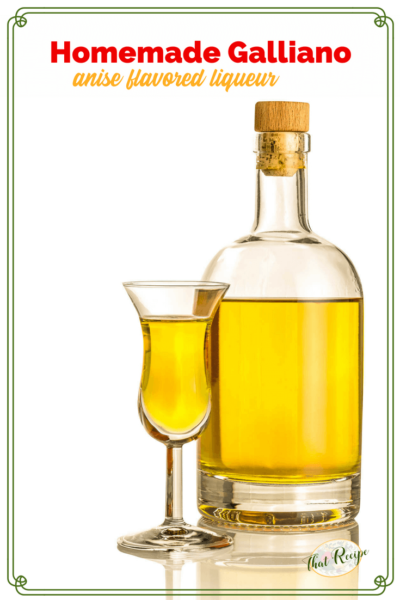 bottle of liqueur and glass with text overlay "Homemade Galliano, anise flavored liqueur"