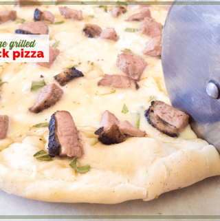close up of pizza being sliced with text overlay "Sage Grilled Duck Pizza"
