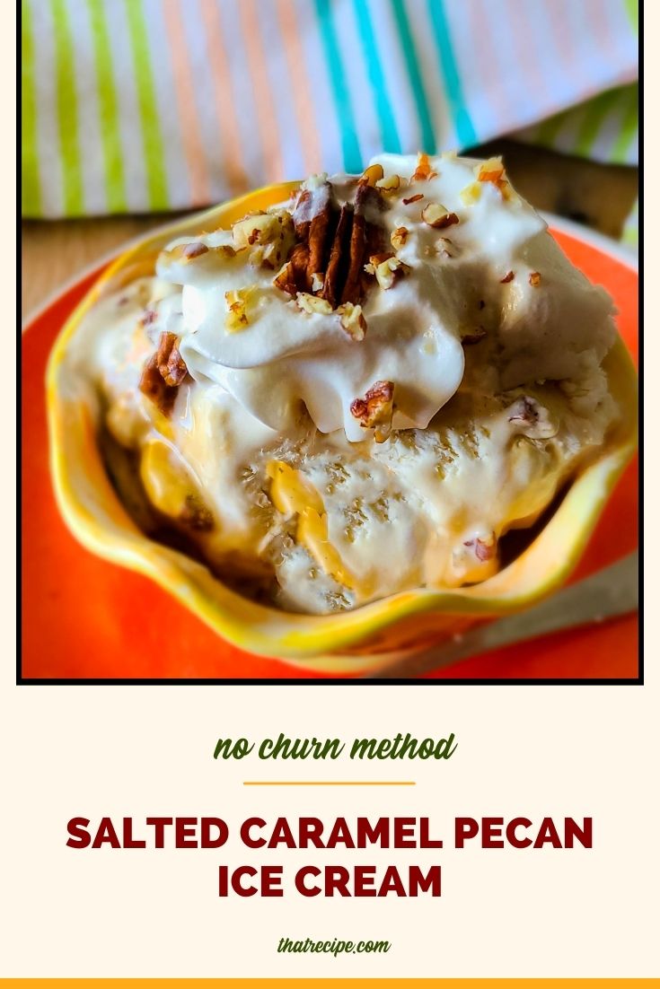 bowl of ice cream with text " no churn salted caramel pecan ice cream"