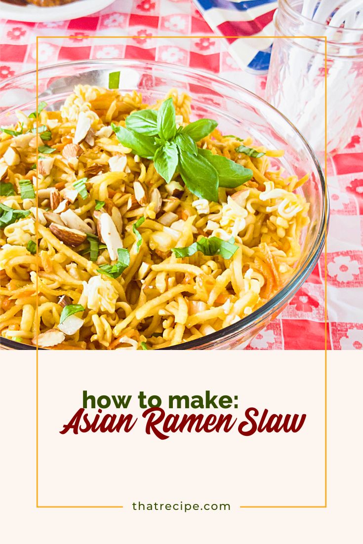 ramen coleslaw in a bowl on a picnic table