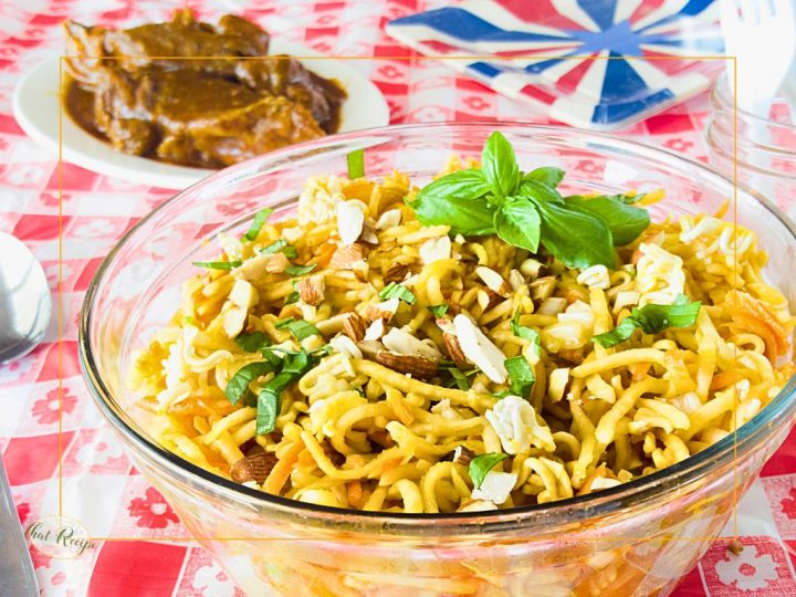 ramen coleslaw in a bowl on a picnic table