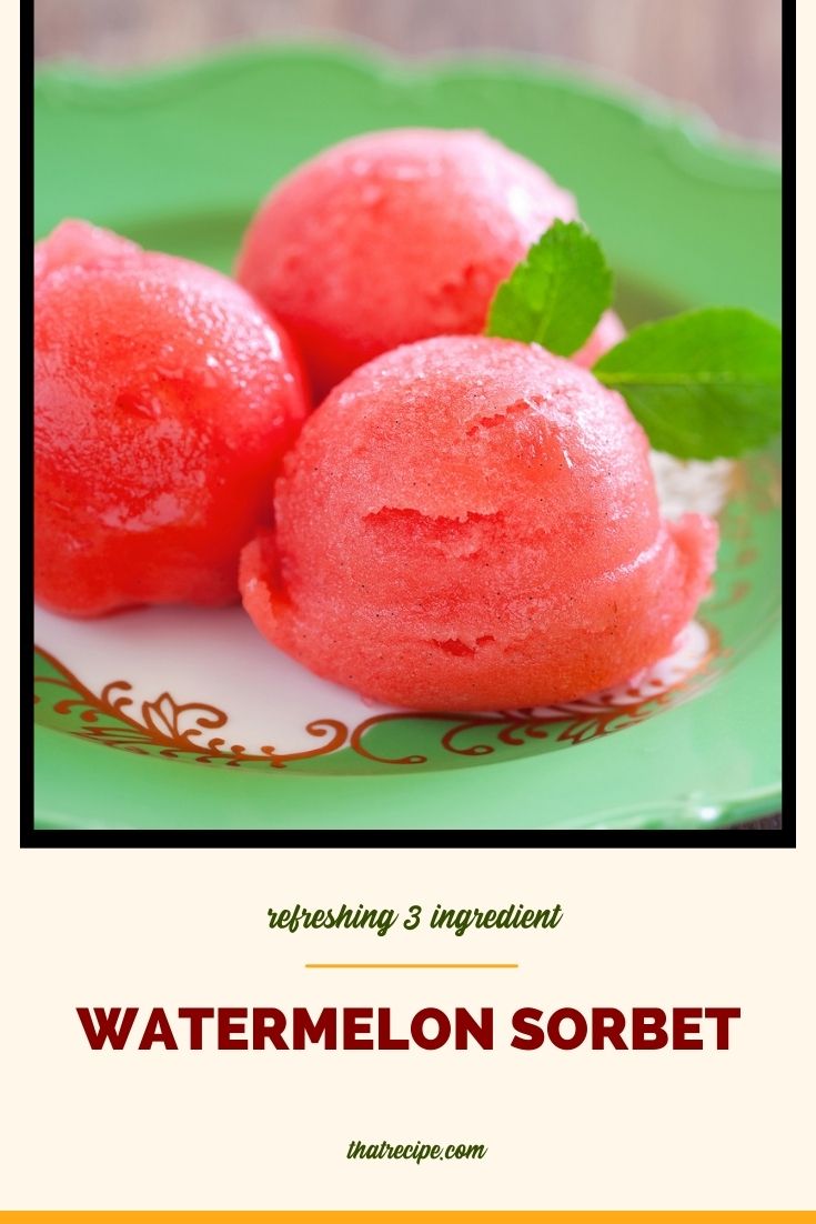 watermelon sorbet on a green plate with text overlay