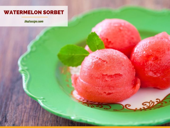 watermelon sorbet on a green plate with text overlay