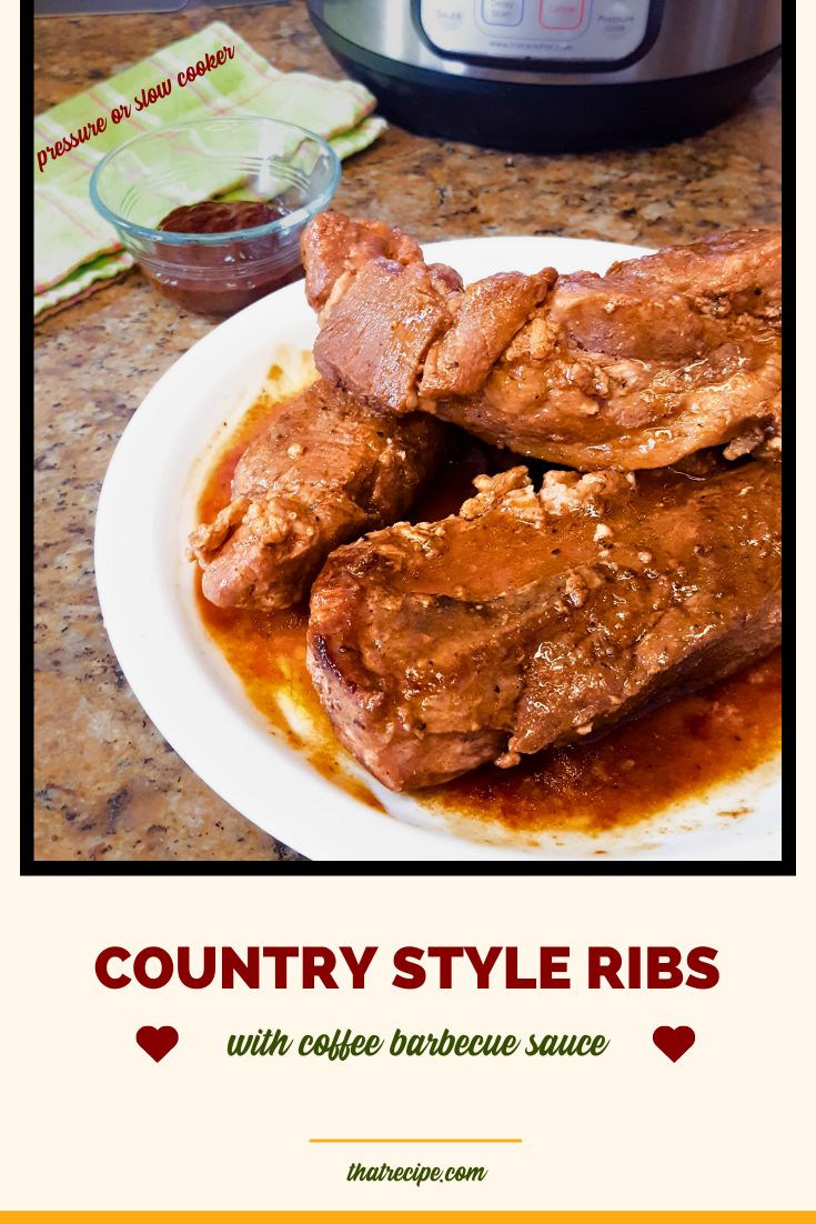 country style pork ribs on a plate with a side of coffee barbecue sauce