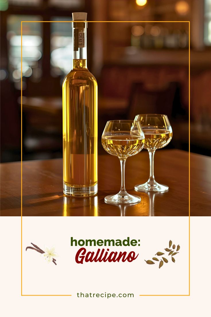 bottle of Galliano on a table with two glasses