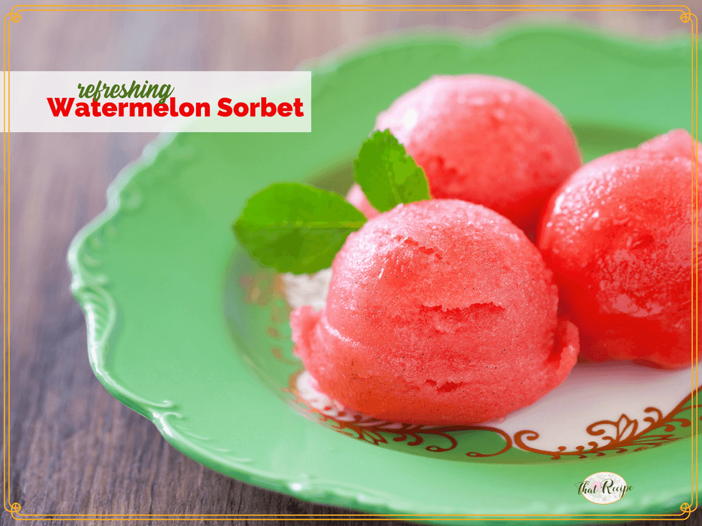 watermelon sorbet on a green plate with text overlay