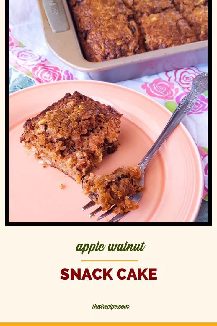 slice of cake on a plate with text overlay "apple walnut snack cake"