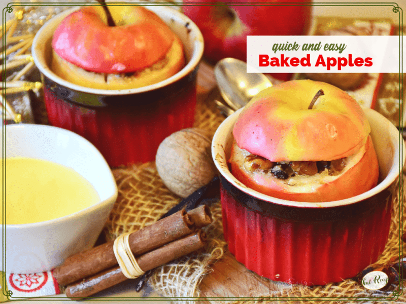 baked apple in a ramekin with text overlay "quick and easy baked apples"