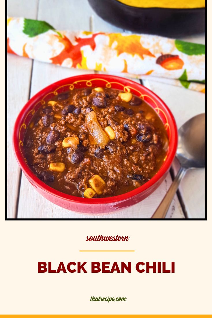 bowl of black bean chili with cornbread