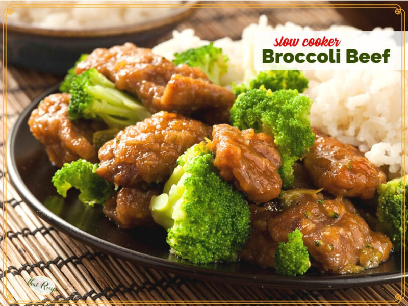 broccoli beef with rice on a plate with text overlay "slow cooker broccoli beef"