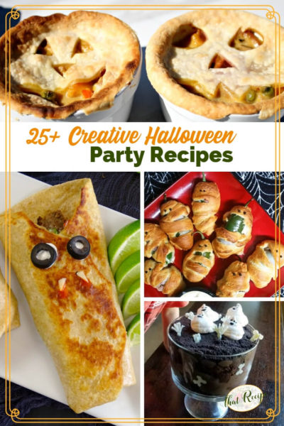collage of Halloween recipes with text overlay "25+ Creative Halloween Party Recipes"