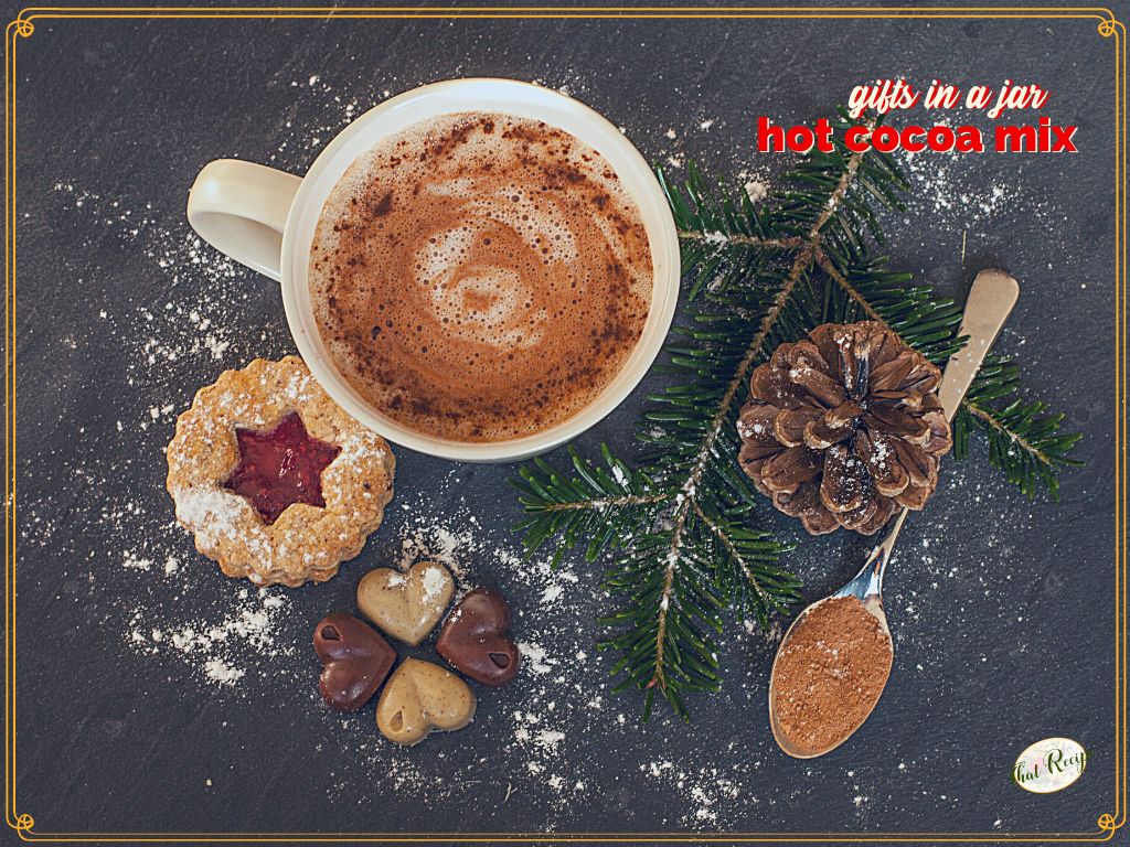 top down view of mug of hot cocoa with cookies with text overlay "Gifts in a Jar: Hot Cocoa Mix"