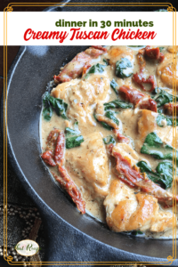 Creamy Tuscan Chicken in cast iron skillet.